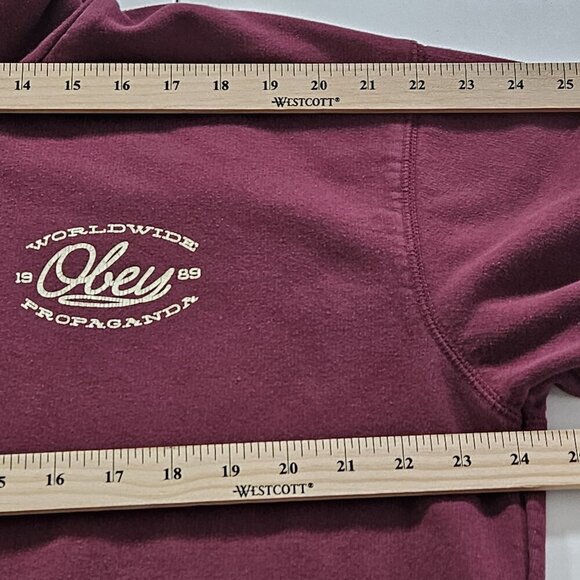 Obey Hoodie Mens L Burgundy Worldwide Propganda LS Fleece Skate Streetwear Punk - Picture 5 of 16